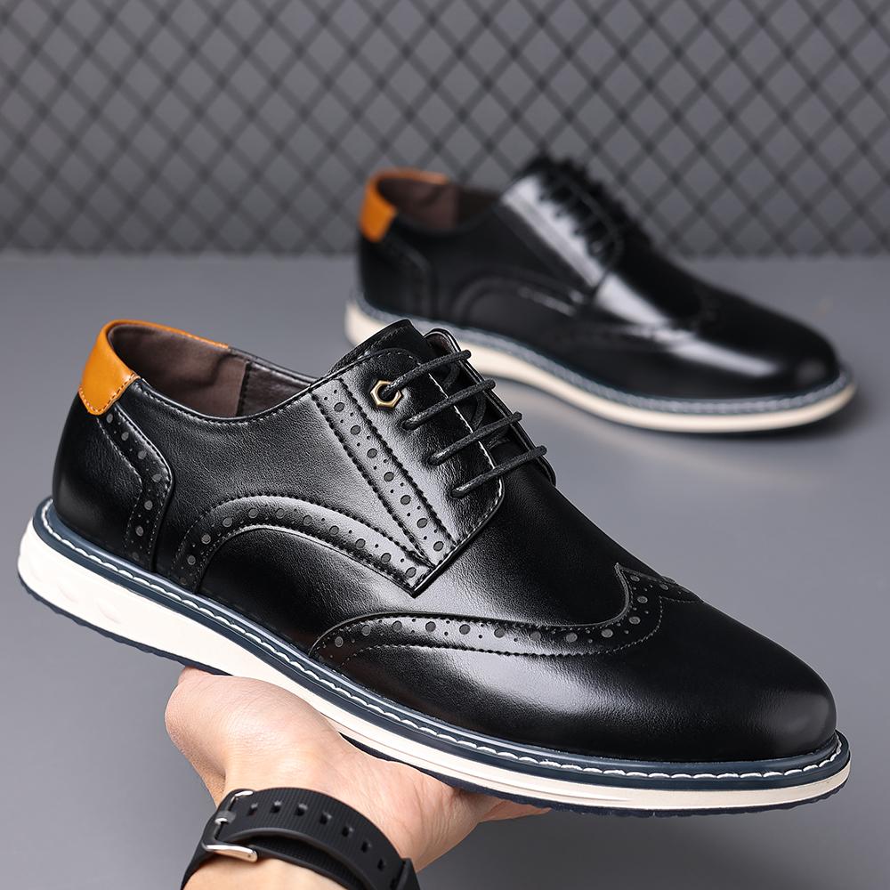 

Men Plus Size Shoes Perforated Lace Up Flat Bottomed Casual Breathable Comfortable for Business Classic Formal Shoes 40 чёрный