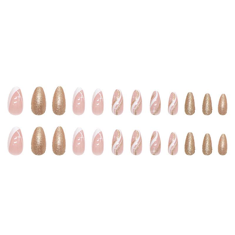 Stylish Almond Nails: French Wave Glitter Design for a Sweet and Fashionable Look, Skin-Whitening, Press-On