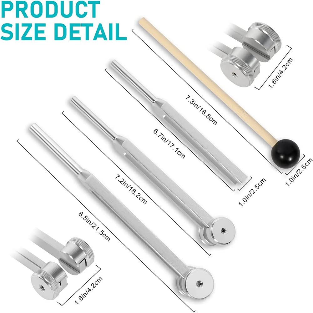 Dovhmoh (128Hz, 256Hz, 512Hz) Tuning Fork Set with Tuner Metronome and Reflex Hammer for Chakra Healing, Sound Therapy, and A-Repair