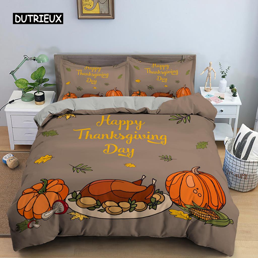 Autumn Thanksgiving Day Duvet Cover King Queen Cartoon Orange Pumpkin Turkey Bedding Set Maple Leaves Soft Polyester Quilt Cover