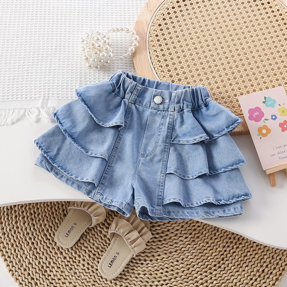 Girls' Summer Denim Shorts with Korean Thin Design and Lace Skirt