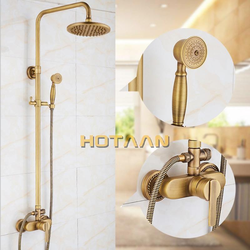 Wall Mounted Mixer Valve Rainfall Antique Brass Shower Faucet Complete Sets + 8  Brass Shower Head + Hand Shower + Hose Pipe