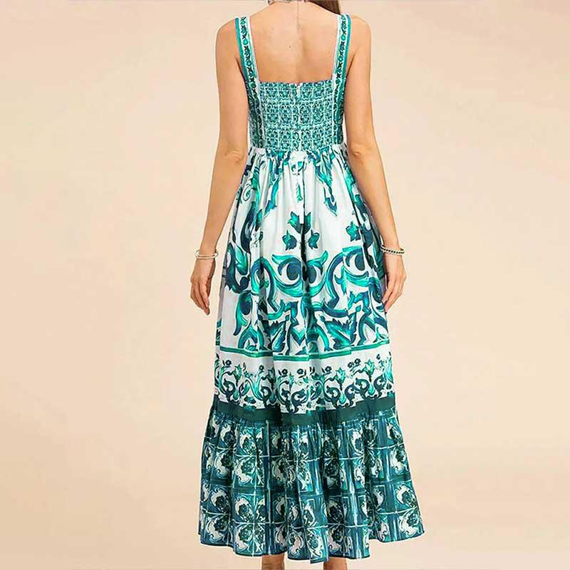 2025 Spring Women's Bohemian Elegant Midi Printed A-Line Spaghetti Strap Dress Comfortable And Stylish Dress For Casual Outings