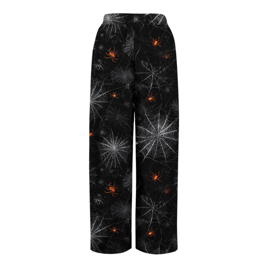 Ladies' Loose And Casual Halloween Printed Wide Leg Pants With Elastic Waistband Drawstring And Pocket Pants