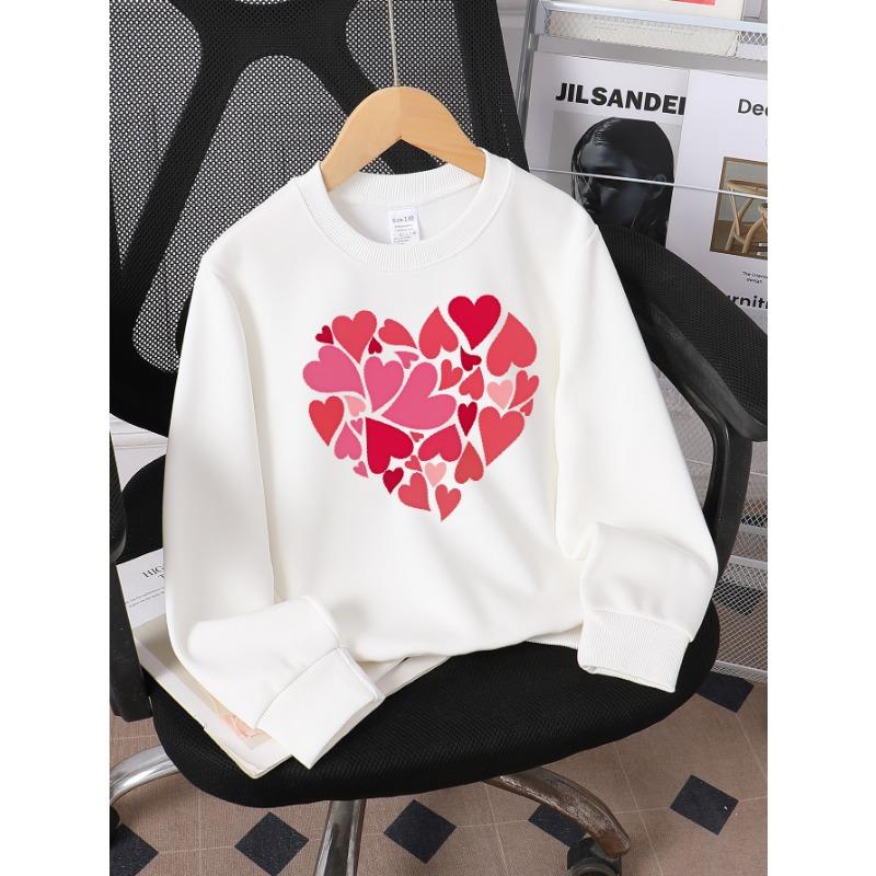 European Sizes Girls' Crew Neck Sweatshirt with Heart Pattern Love Design In Red Pink, Soft Cozy Pullover, Warm Casual for Autumn & Winter.