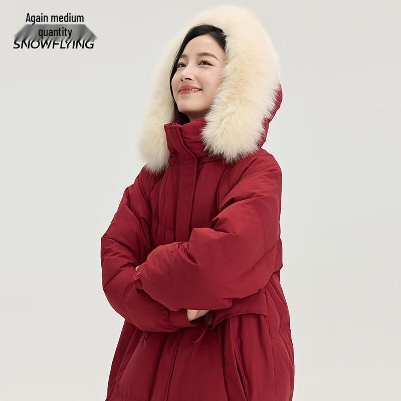 Damen-Winter-Daunenjacke in mittlerer Länge mit abnehmbarer Kapuze mit Fellbesatz