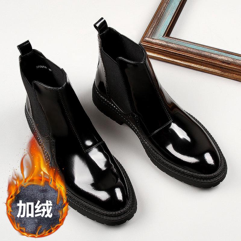 Men S Thermal Leather Boots Thick-Soled Elastic Mouth Sleeve Patent Leather Martin Boots Medium-Top Trendy Men S Boots 43