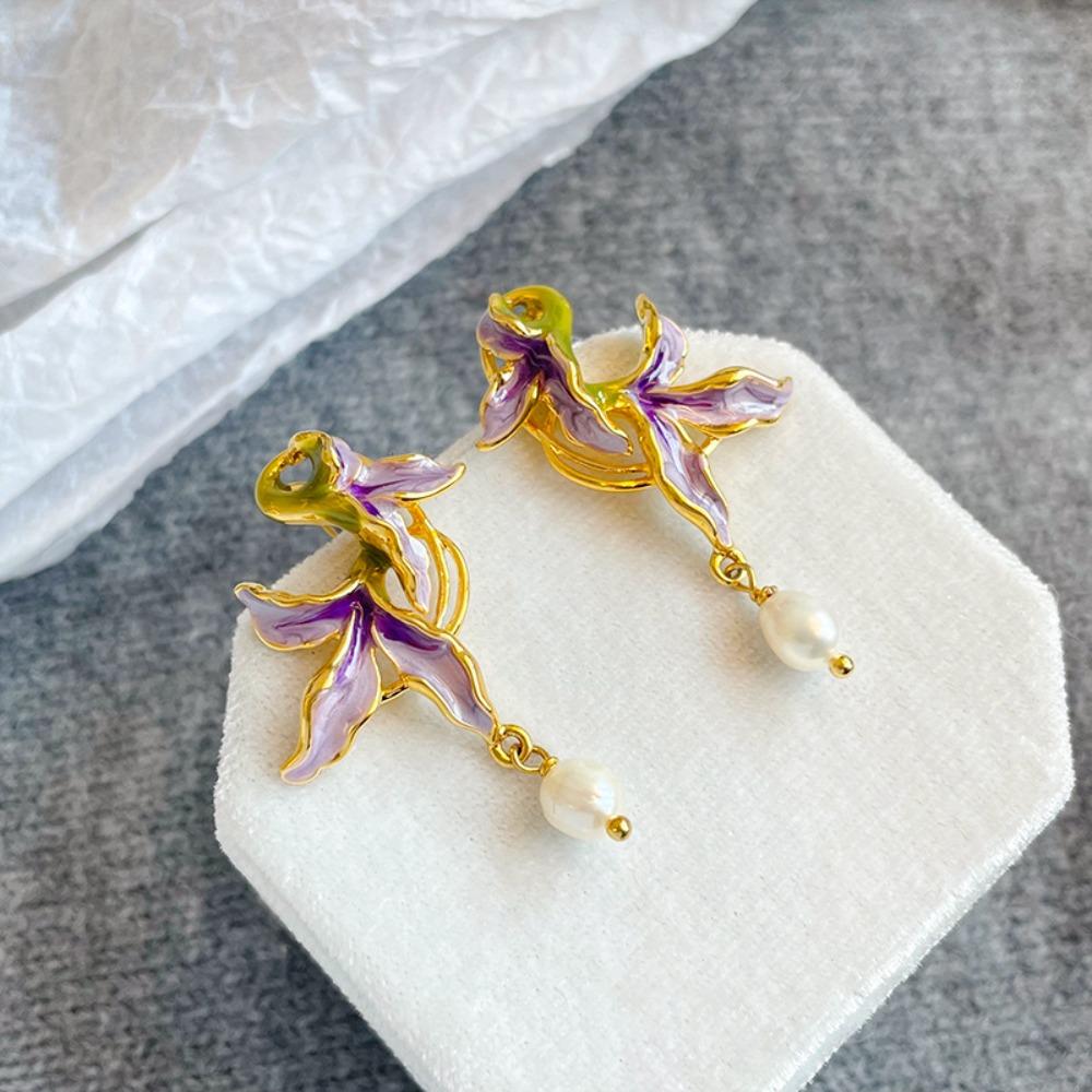 Elegant Drip Oil Earrings Gold Plated Pearl Pendant Earrings  Daily Wear