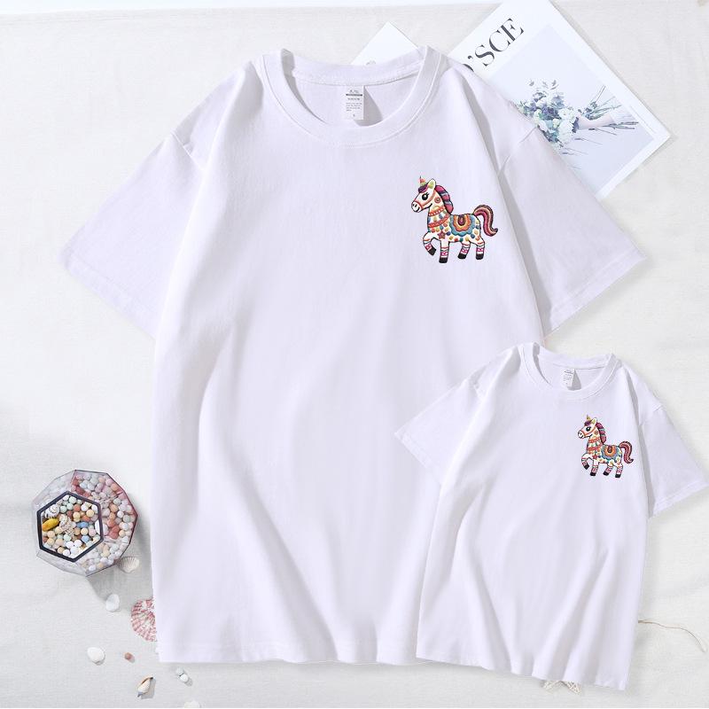 Year of the Horse Zodiac Family T-Shirt: Red Short Sleeve for Parent-Child, New Year Festive Portrait