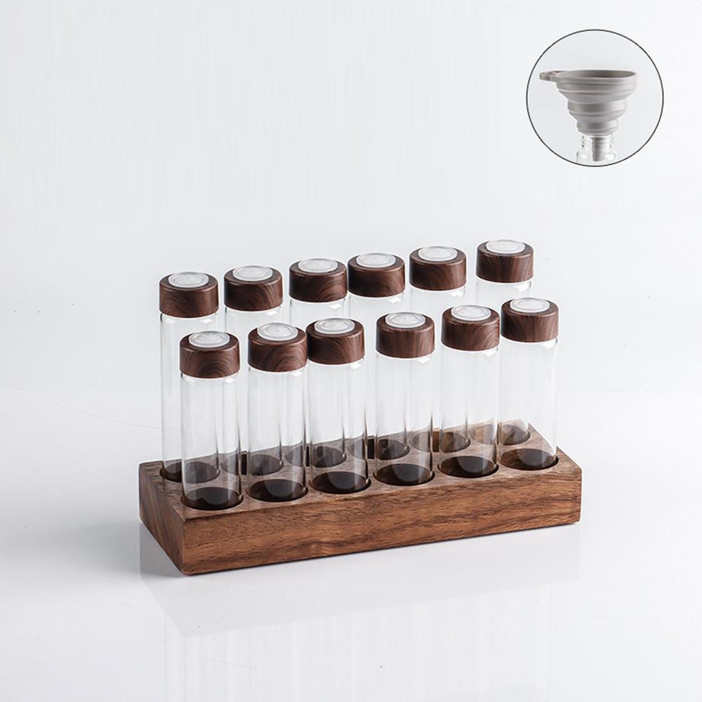 

12 Holes Wooden Base Coffee Bean Display Rack with 12 Glass Bottles Storage Containers