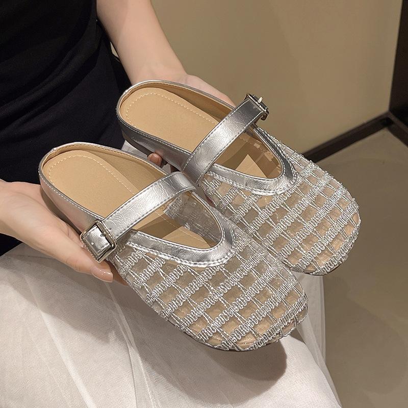 

Красивые сетчатые дышащие туфли-полушлепанцы на плоской подошве, женская летняя обувь 2025, новая обувь-сетка, сандалии, туфли 40 серебряный