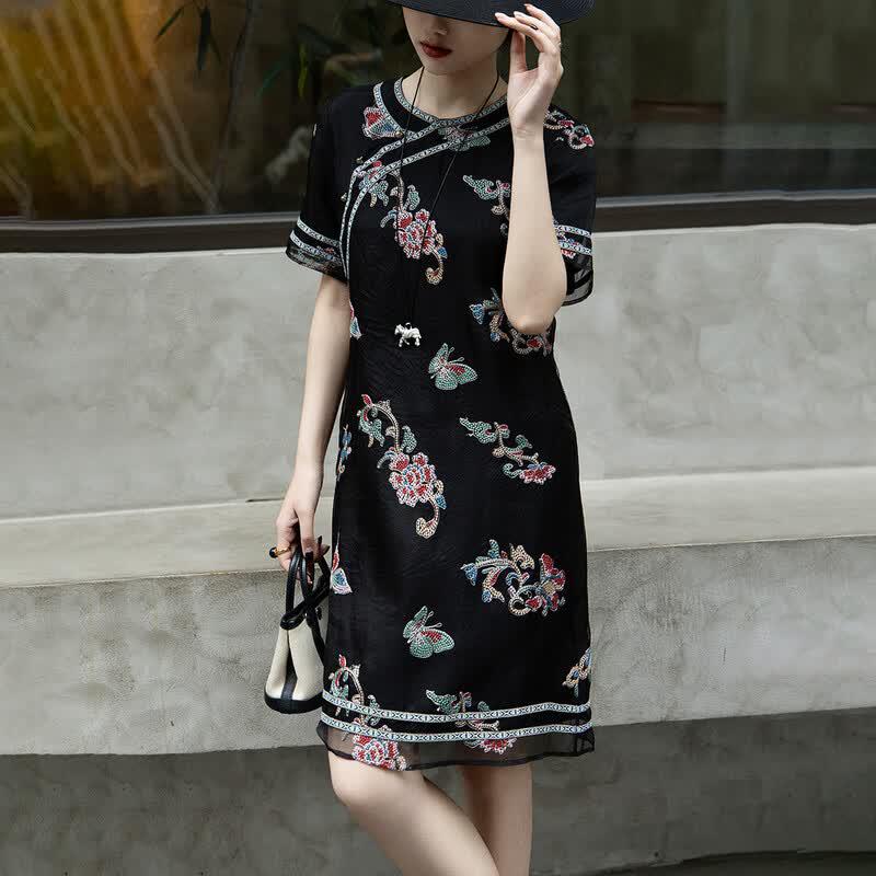 Lanser 100% Mulberry Silk Embroidered Dress M