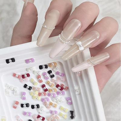 20Pcs Solid Color Minimalist Pearl Bows Nail Charms Bowknots Mini Resin Rhinestones Inlaid Nail Art Decorations For DIY Manicure