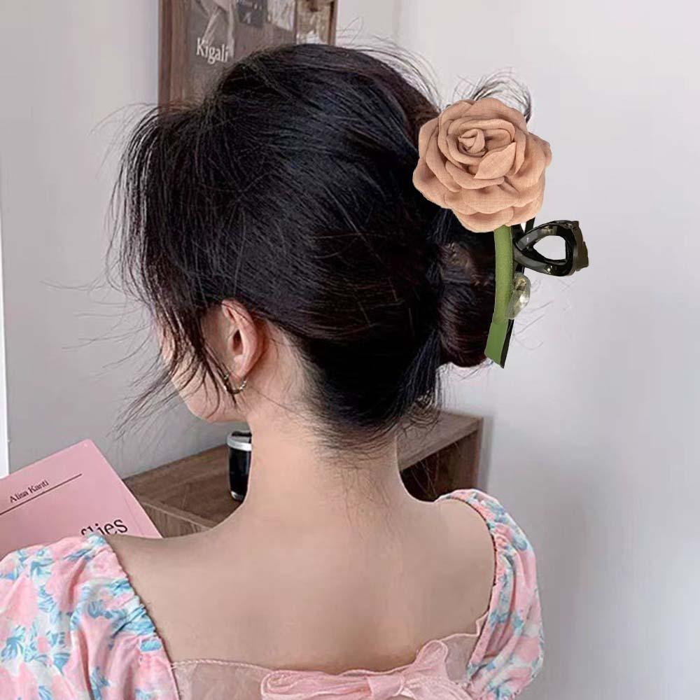 

Polyester Fabric Hair Claw Plastic Flower Gripped Clip Elegant Rose Shark Clip School розовый