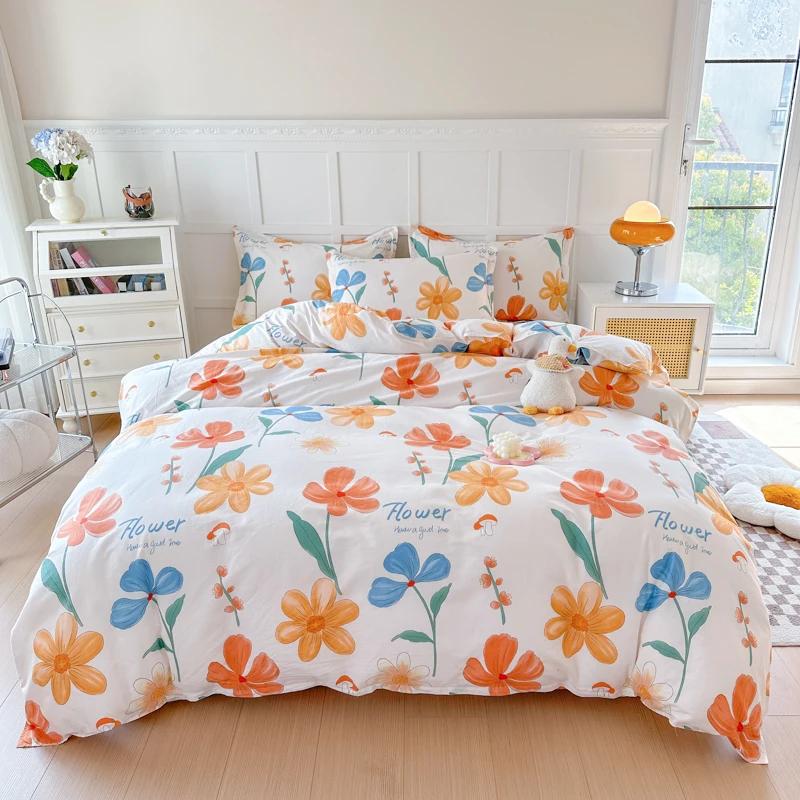 Floral Plants Duvet Cover Set 100% Cotton 3Pcs Blue Quilt Cover with 2 Pillowcases Skin-friendly Soft Bedding Set for All Season