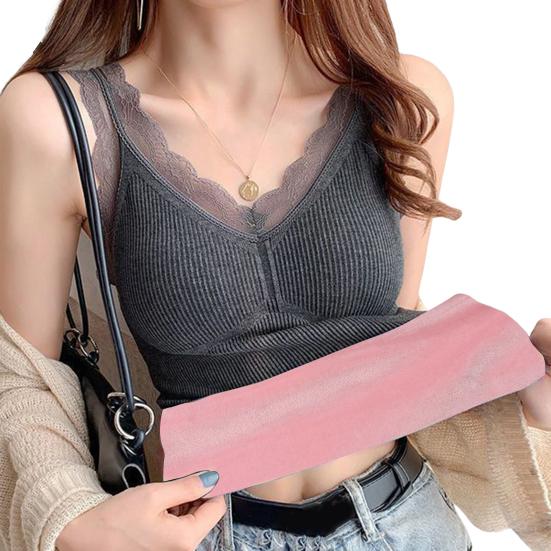 Gilet Termico da Donna con Bordo in Pizzo Foderato in Peluche Scollo a V Senza Maniche Filo Tinta Unita Vestibilità Slim Elastico con Imbottiture sul Petto Sovrapposizione