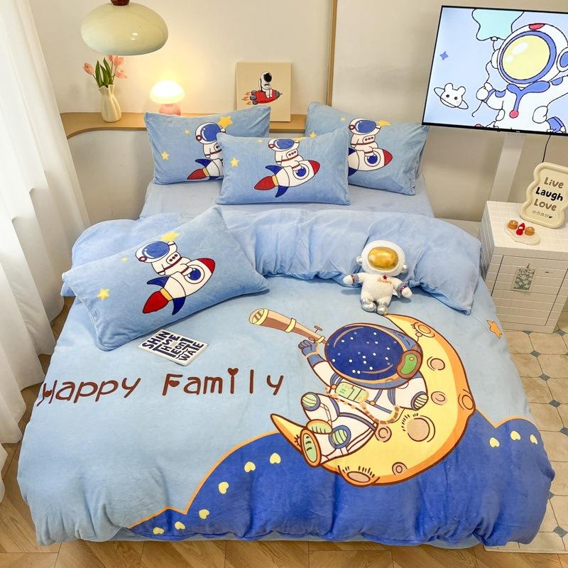 Thickened Milk Fleece Four-Piece Set, Fleece Astronaut Flange Coral Fleece Children'S Bed Sheet Quilt Cover Three-Piece Set Men