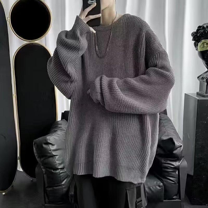 Loose Men's Pullover Knitwear Solid Color Round Neck Winter Base Layer Hong Kong Style Casual Crew Neck Sweater Autumn Winter