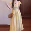 Women's Elegant French Yellow Floral Puff Sleeve Long Dress - Summer 2026 Collection