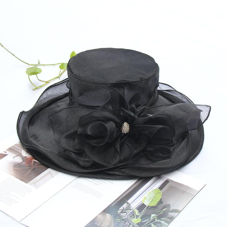 Sun Hat Women'S Summer Solid Color Flower Sun Hat Crystal Diamond Buckle Curled Top Hat Beach Hat