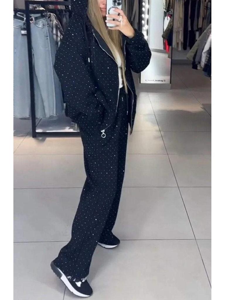 Europejski i Amerykański Zestaw Dwuczęściowy: Bluza z Kapturem i Szerokie Spodnie - Damski Casualowy Zestaw Sportowy na Jesień/Zimę z Zamkiem Błyskawicznym i Pełnym Detalingiem z Kryształków