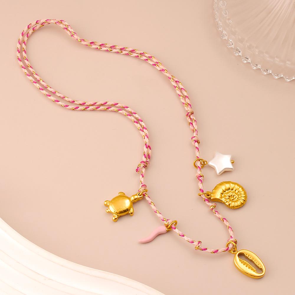 DIY Knotting Rope Pearl Seashell & Sea Turtle Titanium Steel Pendant Necklace - Adjustable & Fashionable Choker