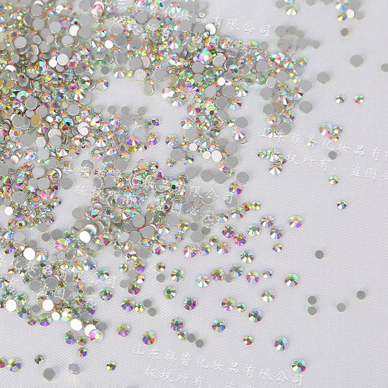 Iridescent AB White Small Round Nail Art Diamonds – Crystal Glass Flat Bottom for Super Shiny Decoration