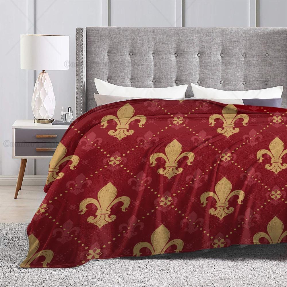 Flannel Fleece Throw Blanket Heraldic Red Lis Expensive Kingly Gold Lily LYS Fleur Pattern Medieval King France Empire