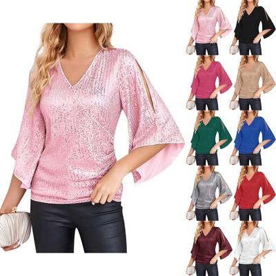 Women's Fashion Loose Mid-length Sequin T-shirt Women's Short-sleeved Pullover Top