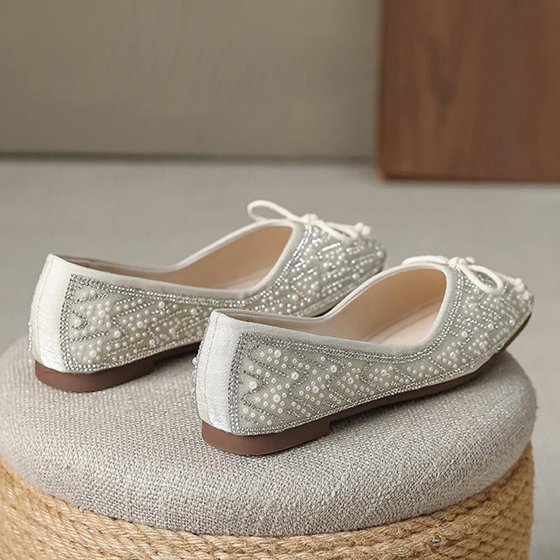 Fashion Elegant Crystal&Pearl Beading Flats Women Bowtie Ballet Shoes Square Toe Shallow Slip On Loafers Femmes Barefoot Mocasines Mujer