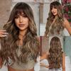Brown Wavy Wigs for Women with Bangs Long Natural Synthetic Hair Wig Daily Cosplay Heat Resistant