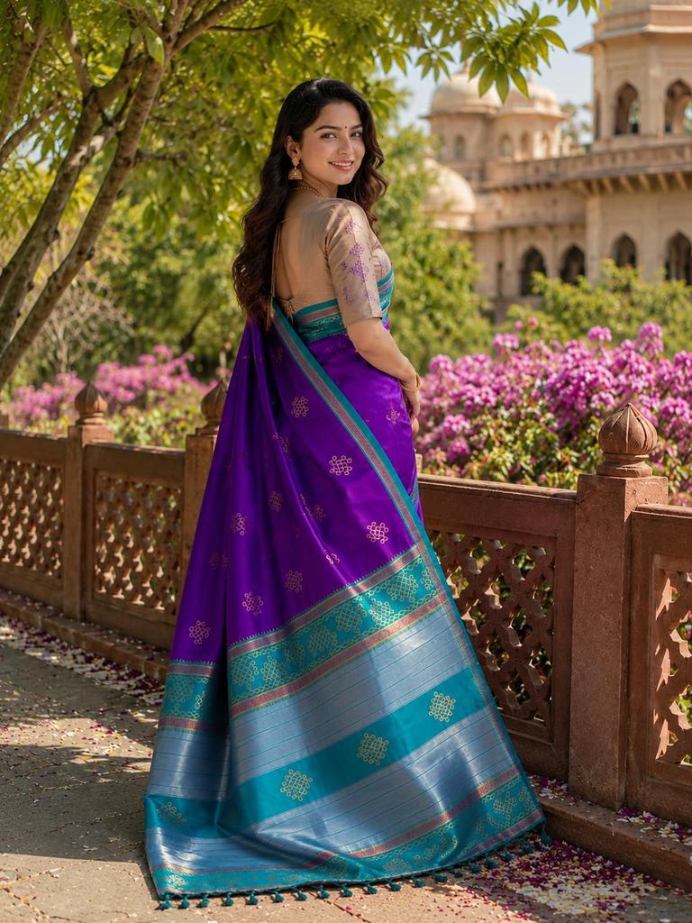 Women's Soft Silk Saree with Kolam Zari Woven Motifs, Silver Temple Pallu, Golden Zari Border & Brocade Blouse
