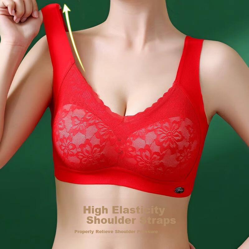 LANGSHA Women's Red Underwear for Zodiac Year, Qi Ji Red Wedding Wireless Bra, Push-Up Shaping, Anti-Sagging, Seamless Bra