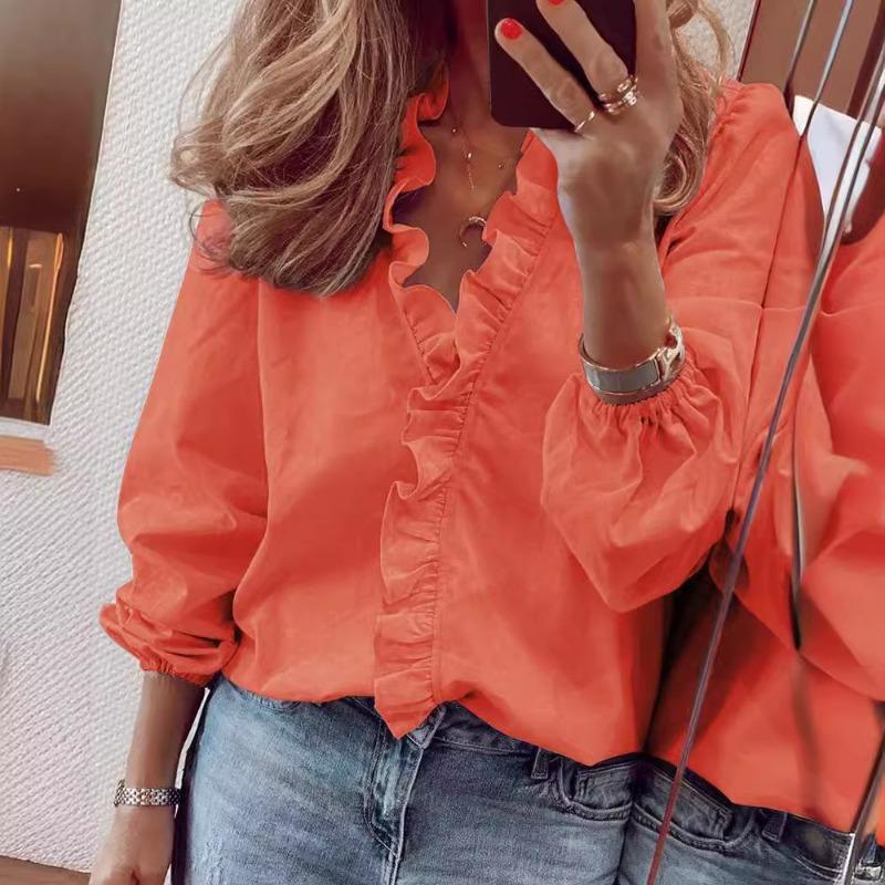Sommer Herbst Neue Langarm Rüschen Casual Shirt Frauen Tops Vintage Print Elegante Plus Größe Bluse Frauen Mode Tasten Lose Weibliche Shirts 24662
