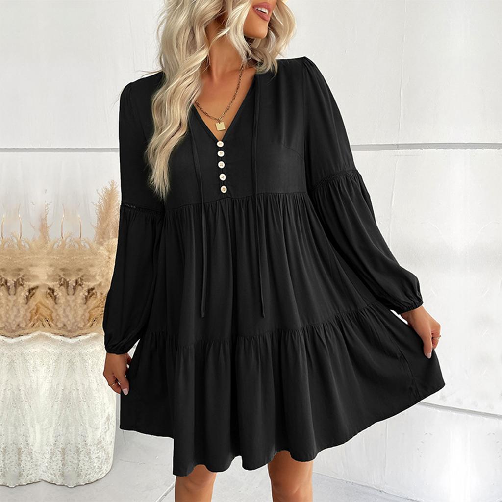 Women's Fashionable Solid Color Long Sleeved V-neck Pleated Casual Loose Dress