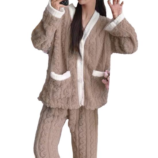 2-teiliges/Set Damen-Loungewear-Set, Herbst/Winter, verdicktes Plüsch-Thermo-Pyjama-Set, V-Ausschnitt, Langarm-Oberteile, weites Bein, lange Hosen, Coral Fleece Homewear