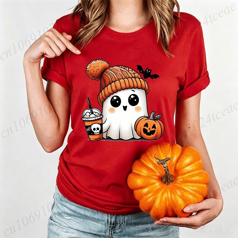 Cute-Ghost-Pumpkin Spice Fall Halloween Design Graphic T-Shirt Oversized Tee for Women Unisex Wear Blouse Spooky Season Gifts