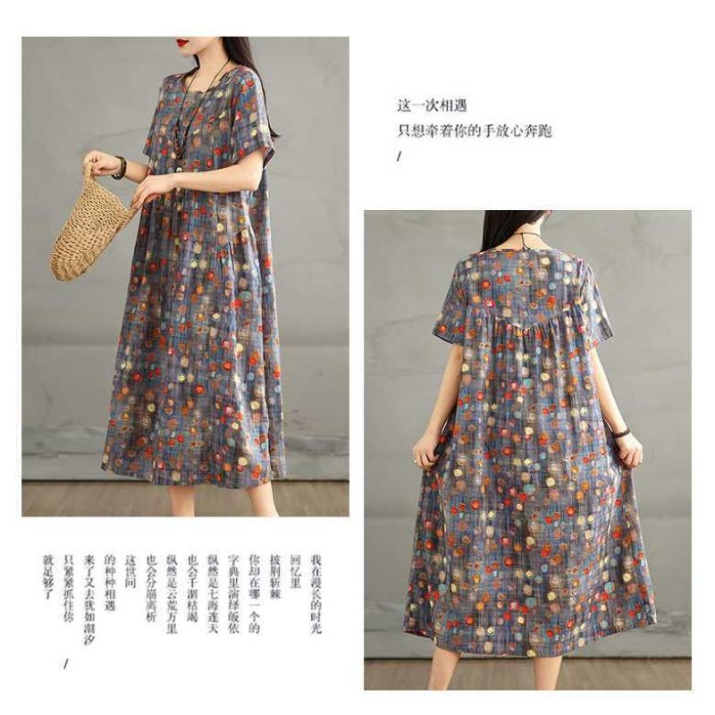 Summer New Retro Round Neck Flower Pocket Short Sleeve Dresses for Women