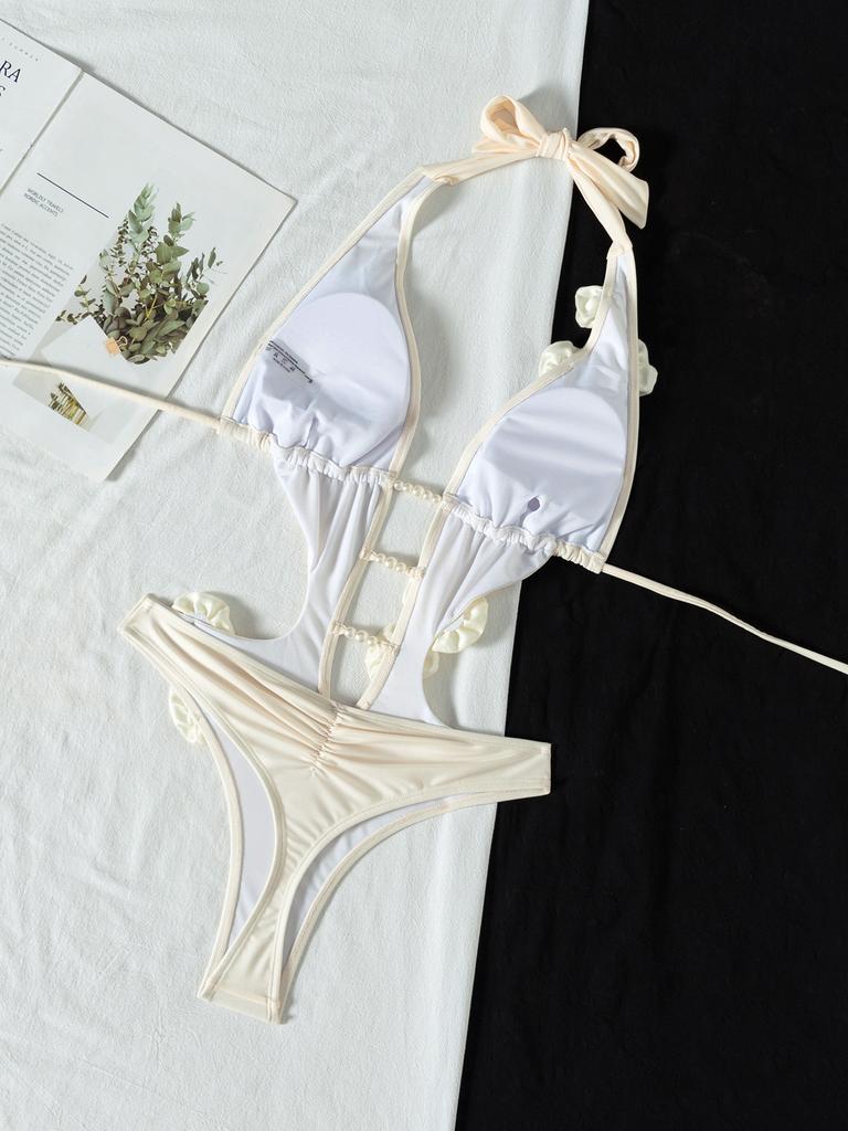 Einfarbiger Bindebikini mit Perlenblumen-Dekoration für Damen