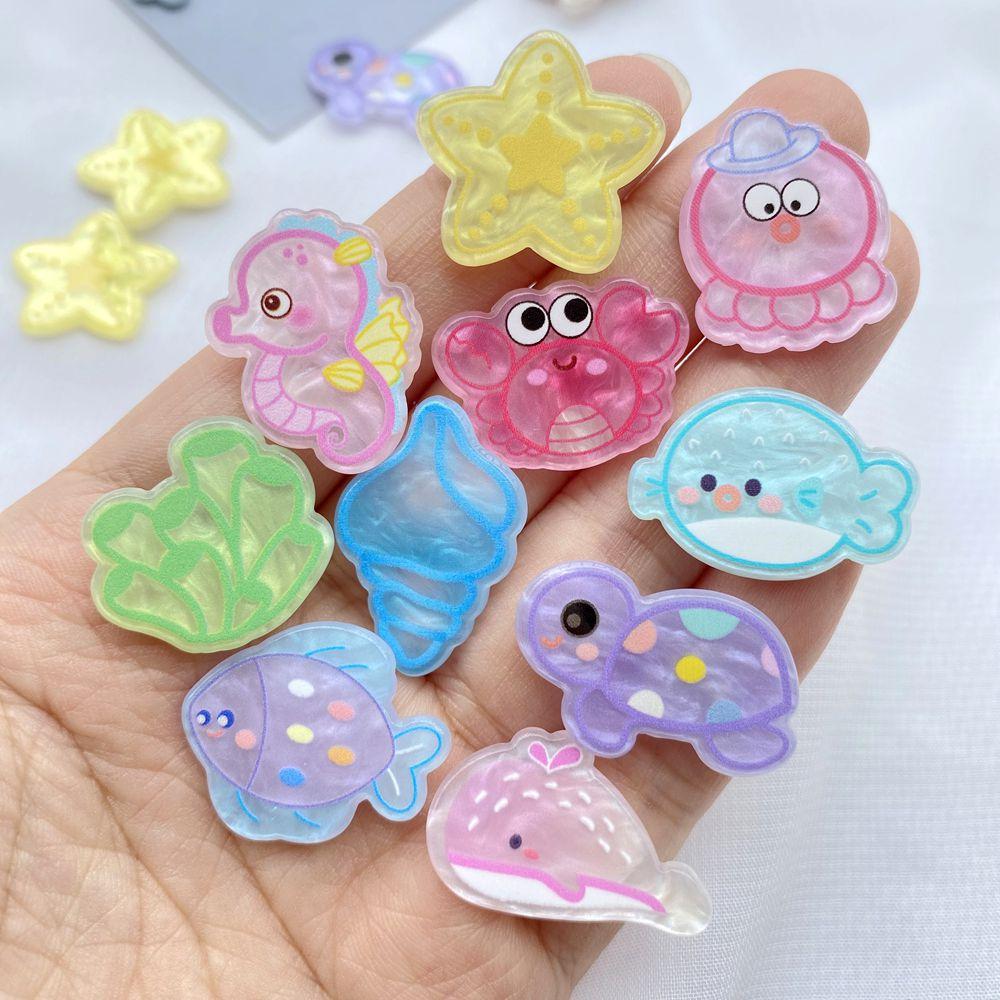 10Pcs New Cartoon Acrylic Crabs, Seahorses, Starfish Series Flat Back Cabochons Scrapbooking DIY Jewelry Craft Decoration