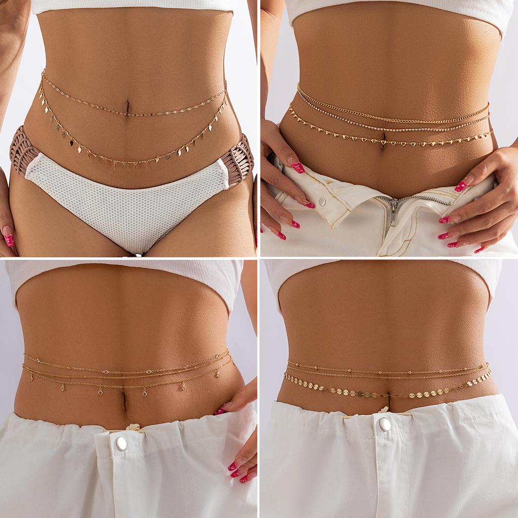 Corrente de Corpo em Metal Empilhada com Lantejoulas da Moda, Corrente de Cintura com Franjas de Strass Garra de Amor