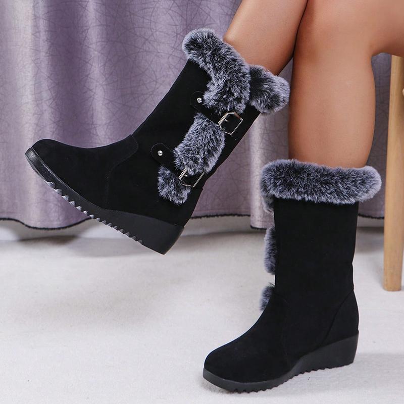 Fashion Women's Wedge Heeled Snow Boots Fashion Buckle Design Faux Fur Mid Calf Boots Woman Comfortable Thicken Warm Plush Winter Boots