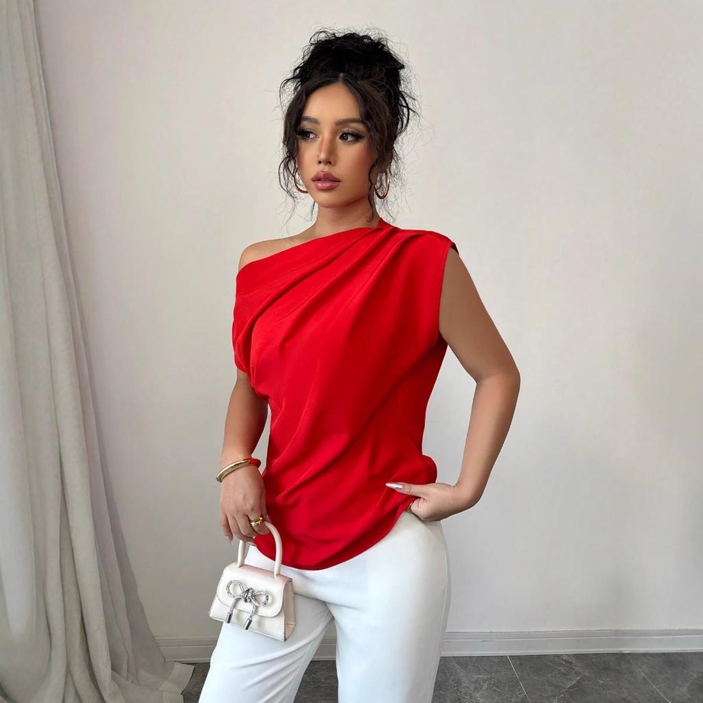 Women's Off Shoulder Sleeveless Solid Color Top Relaxed Fit Elegant Ruched Commuter Blouse