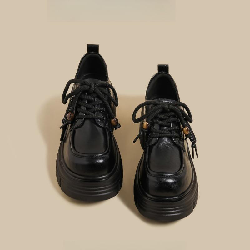 2025 Autumn New Thick High-heeled Loafers Women's Black Platform-soled Lace-up British Style College Jk Retro Small Leather Shoes