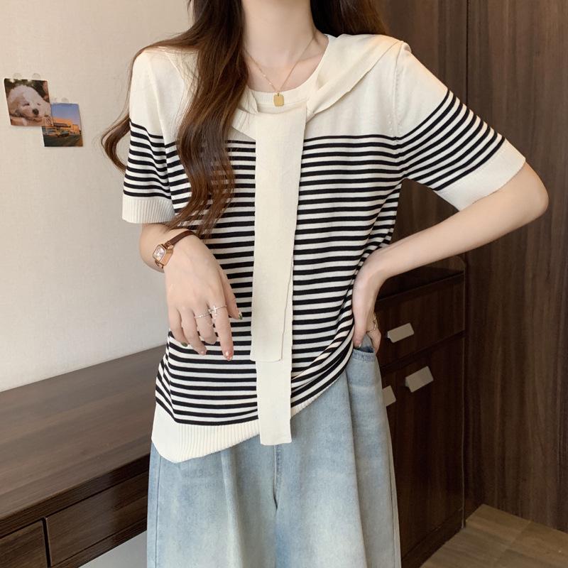 2026 Plus Size Women s Sailor Collar Ice Silk Summer Top - Age-Reducing T-shirt 3XL чёрный