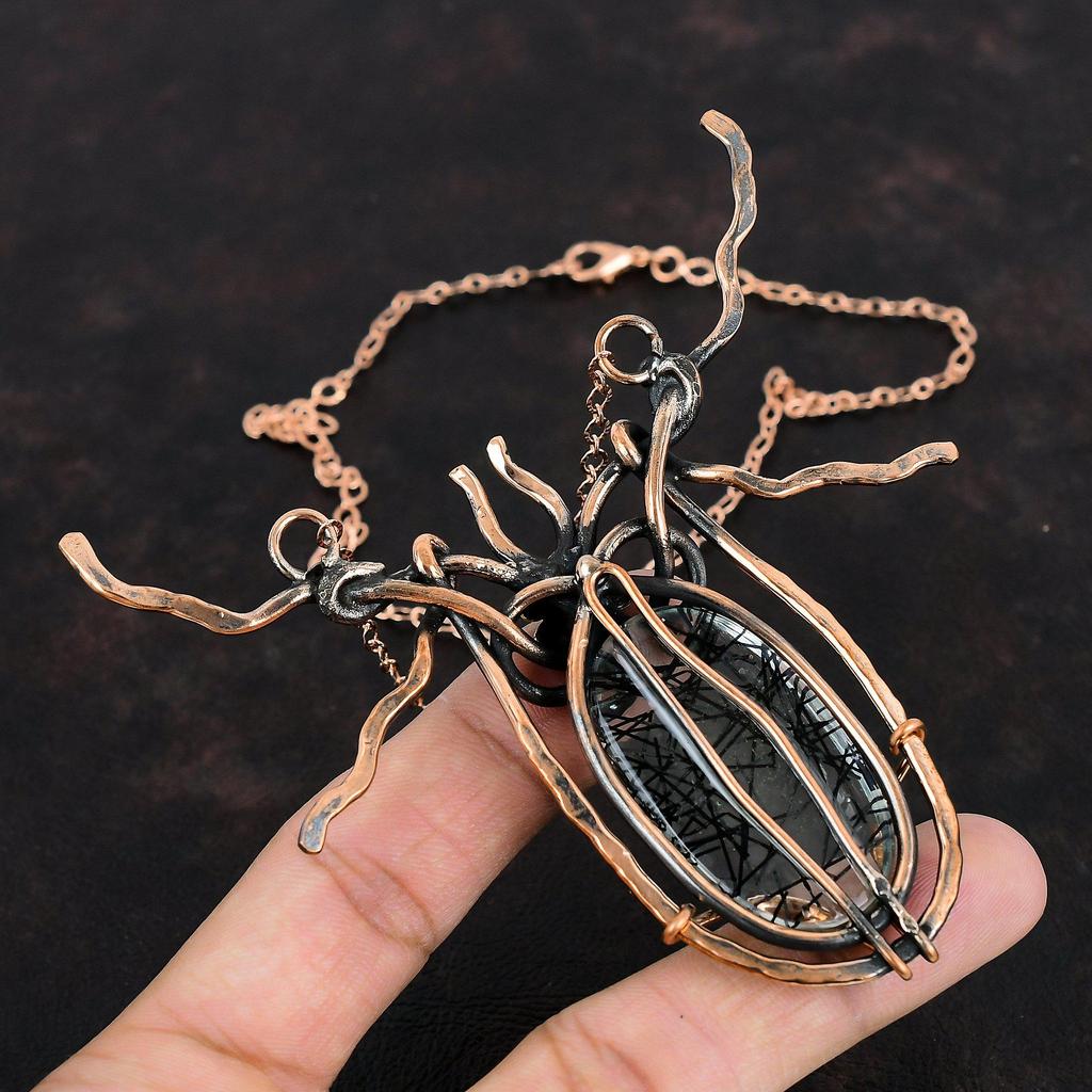 Black Rutile Necklace Copper Wire Wrapped Jewelry Handmade Necklace Adjustable Chain Necklace Natural Gemstone Jewelry Copper Wire Necklace