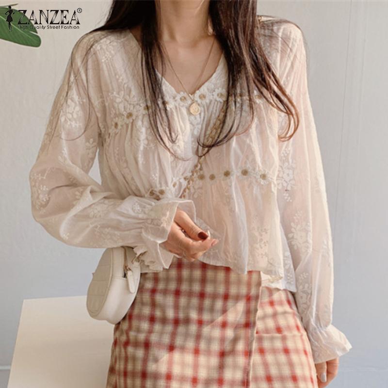 

ZANZEA Женская повседневная летняя блузка с v-образным вырезом и рукавами-фонариками