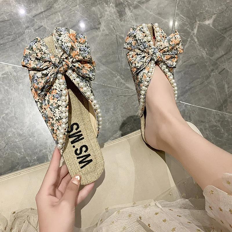 Ladies Slippers Summer Small Floral Sandals Toe Half Bow Flat Fashion Slippers Women Beach Outdoor Ladies Shoes Zapatos De Mujer