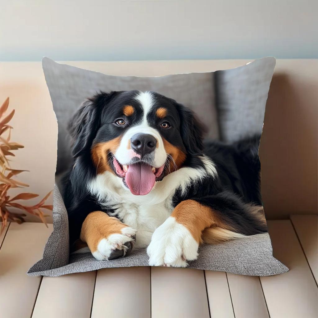 Modern Bernese Mountain Dog Pillow Cover With Realistic Berner Dog Face Design, Zipper Closure For Home, Office, Car Decor