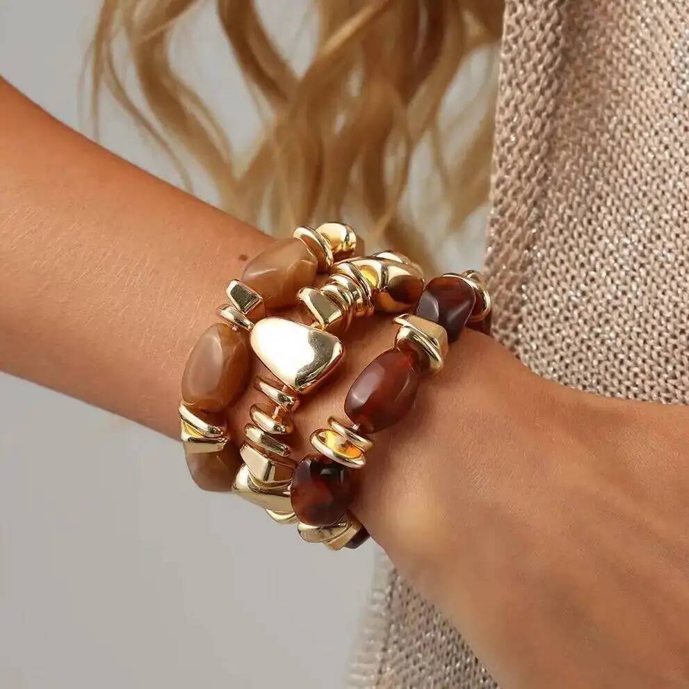 KunJoe 3Pcs/Set Trendy Irregular CCB Beaded Chain Link Resin Bracelets for Women Boho Multilayer Elastic Bangles Jewelry On Hand